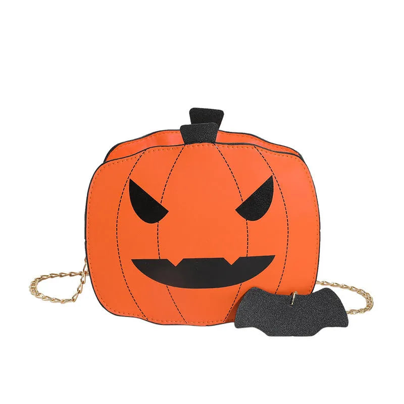 Halloween cartoon pumpkin shoulder bag for girls in colour options with chain crossbody strap on white background