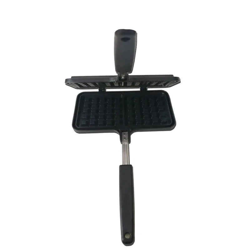 Black non-stick aluminium waffle mold with plaid pattern and heat-resistant handle for gas stoves