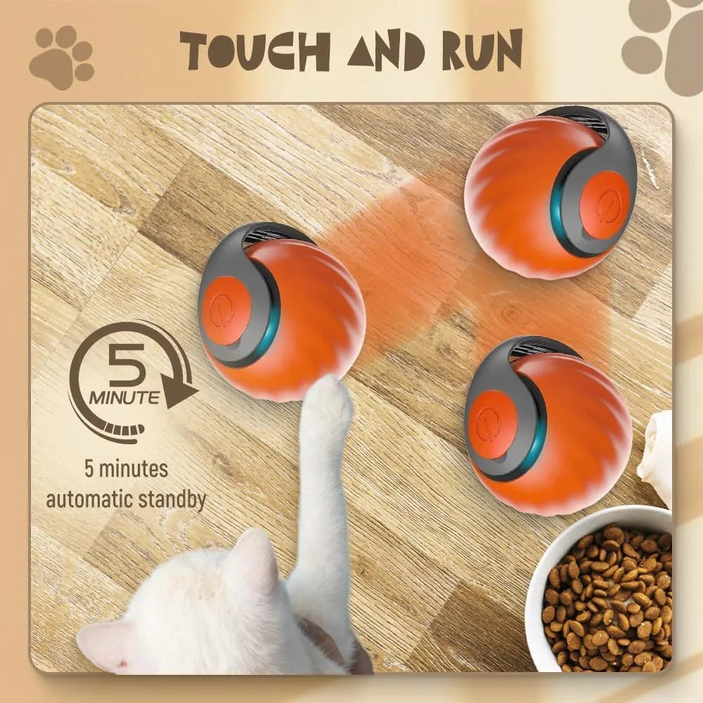 Interactive red rolling ball pet toy for cats and dogs with touch control activation