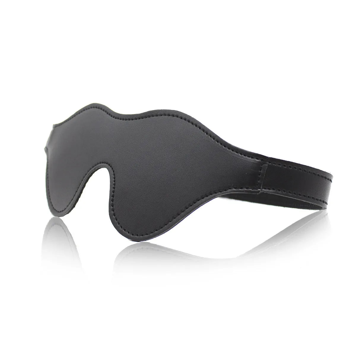Women's black leather eye mask with 3D shape, Velcro strap, and metal rivet details.
