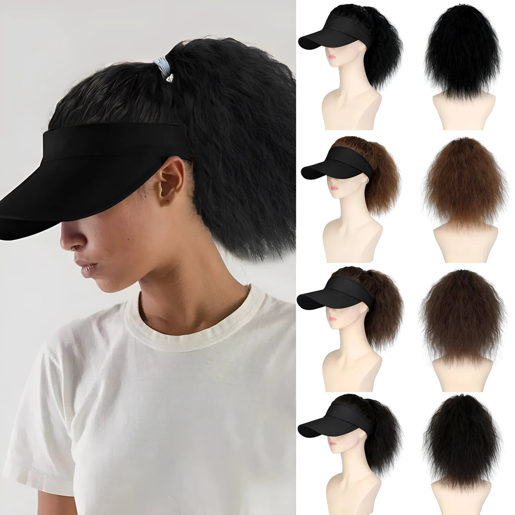 Short synthetic wig with horse tail waves style on a nude hat base, shown in a dark brown colour.