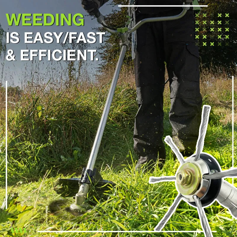 Stainless steel brush head accessory for a mower with a 150mm diameter, shown with anti-falling wire.