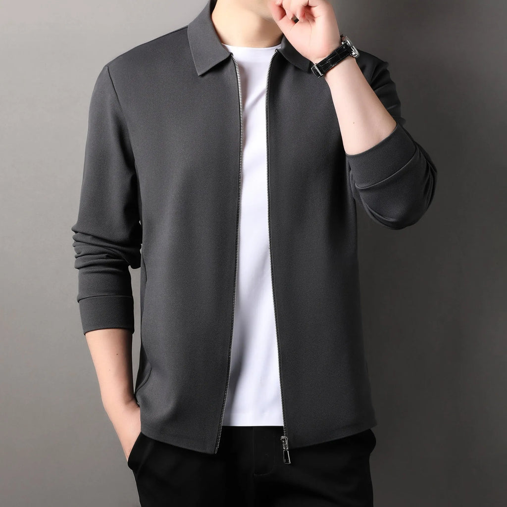 Men's polyester casual business jacket in black, dark gray, or apricot with regular long sleeves and straight hem