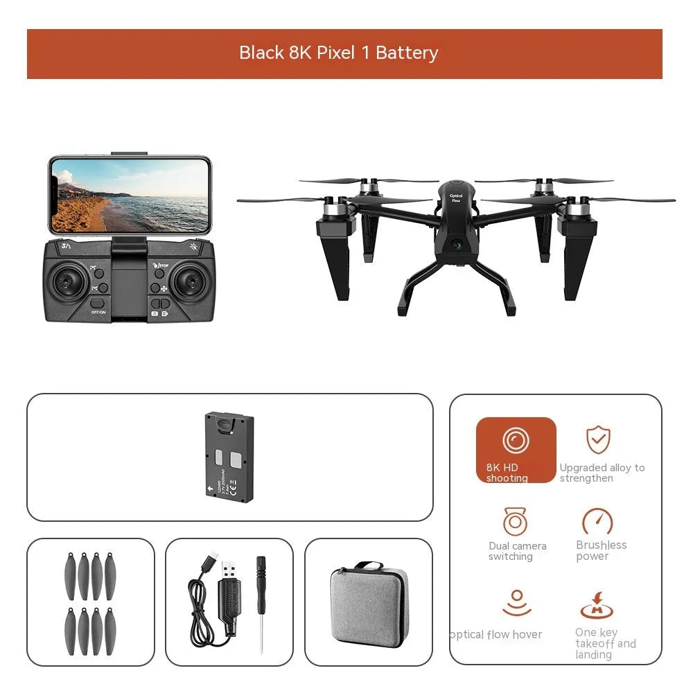 White KS66 alloy UAV drone with camera and remote control on grass, spare propellers and storage bag shown alongside.