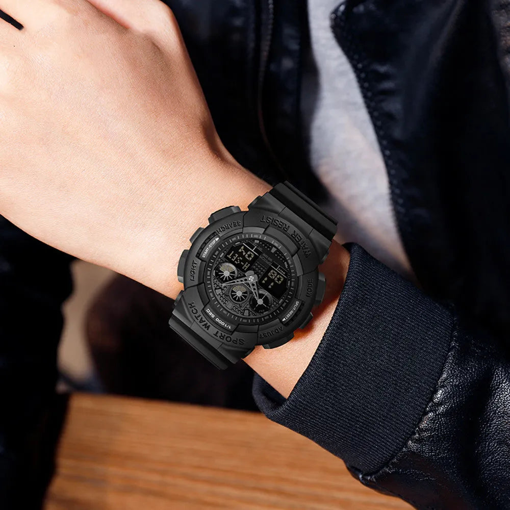 Women's multifunctional waterproof sports digital watch in resin and stainless steel, shown in pink with a simple fashion style.