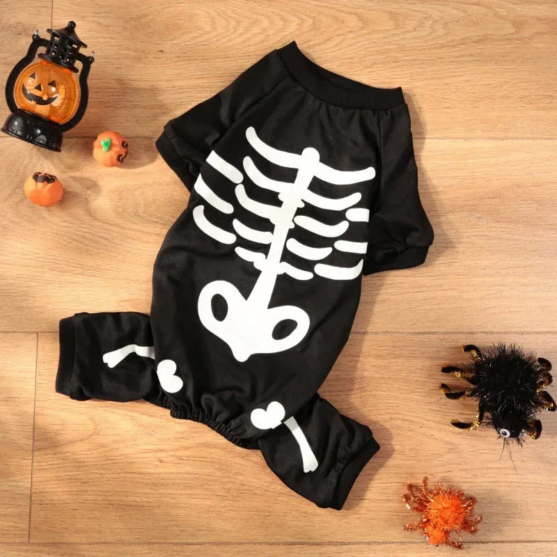Halloween dog costume with luminous skull bones design on four-legged polyester garment