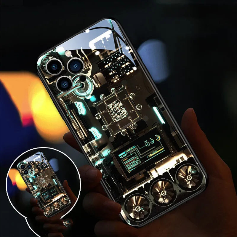 Xpress 14 clear tempered glass iPhone case with illuminated LED notification pattern on the back.