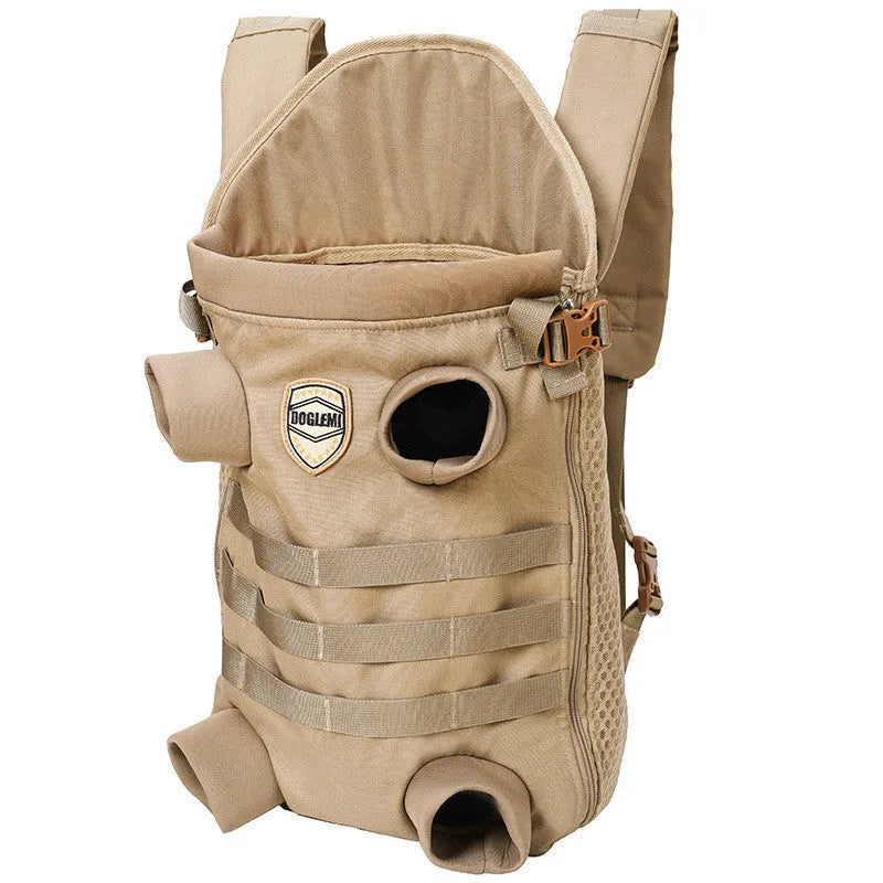 Khaki polyester pet medium dog backpack with two size options M and L on a neutral background
