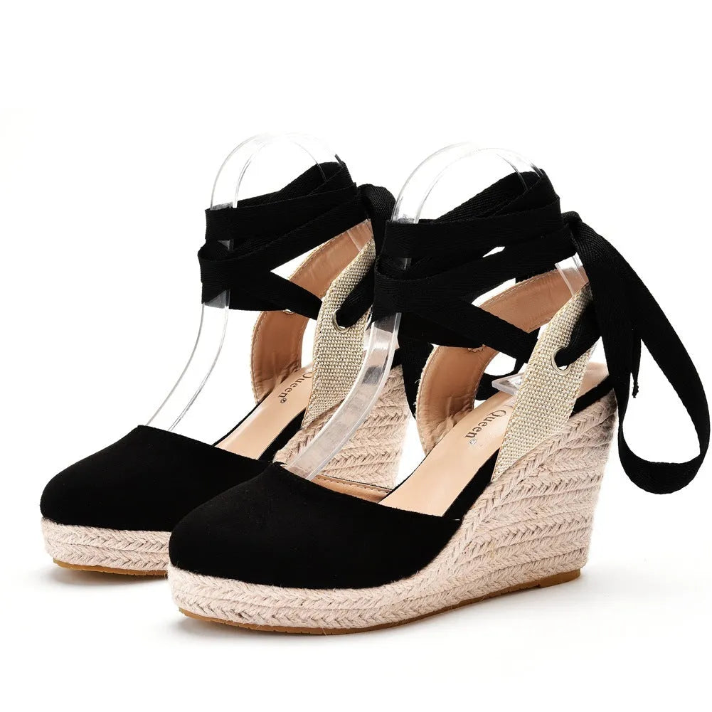 Women's apricot wedge platform sandals with bead details and a buckle strap on a white background.