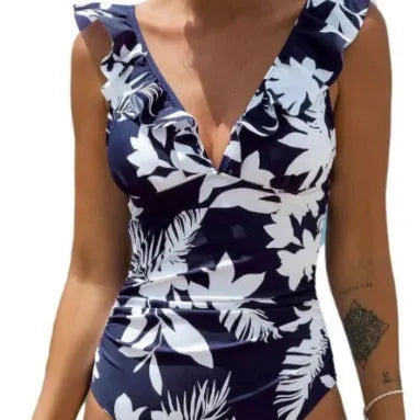 Women's one-piece ruffled tied multi-color swimsuit with floral pattern, backless design, quick-drying polyester