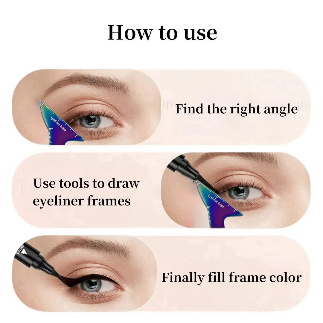 Reusable 3-in-1 plastic makeup stencil for eyeliner wings, eyebrow shaping, and nose contouring on a table.