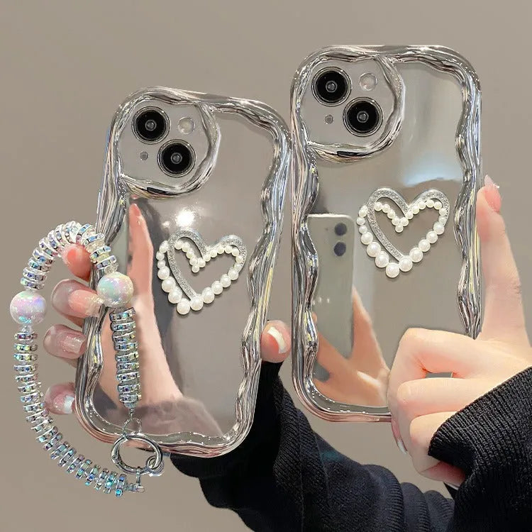 Silicone phone case for iPhone with three-dimensional pearl chain and electroplated bracelet in Silver Gray colour