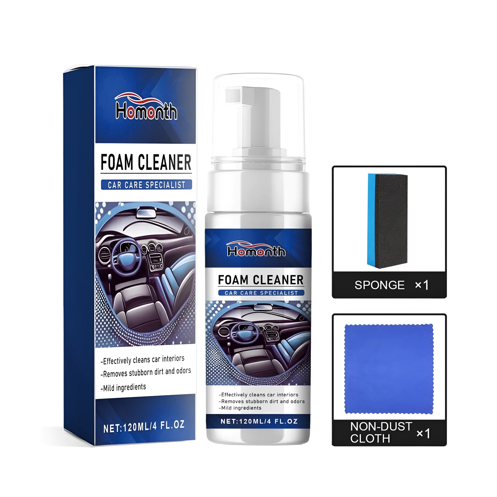 Fast Car Interior Cleaner spray bottle with microfibre cloth and sponge.