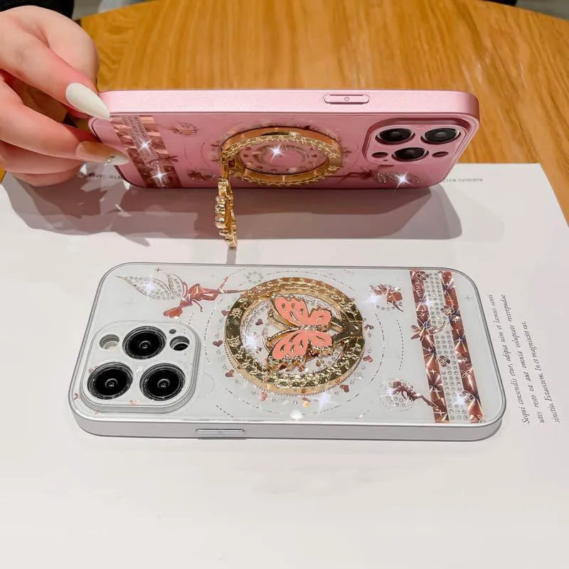 Butterfly fairy diamond magnetic phone case with rhinestone bow, TPU PC shell, pink white or rose gold