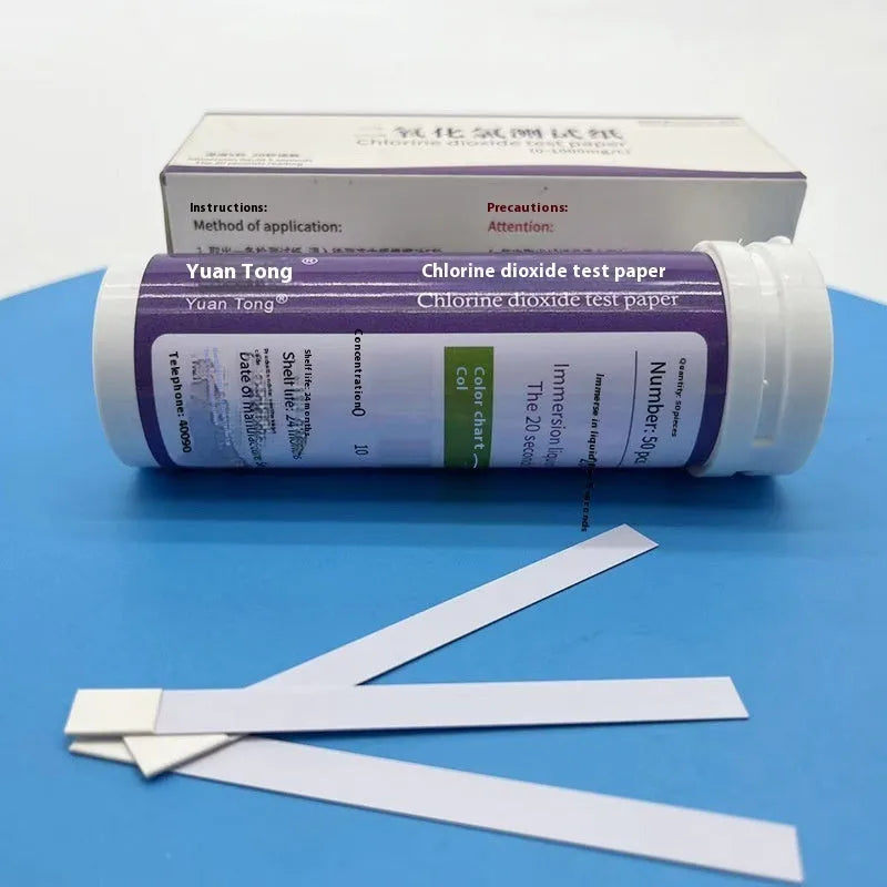 Bottle of 50 chlorine dioxide test paper strips for wastewater concentration detection.