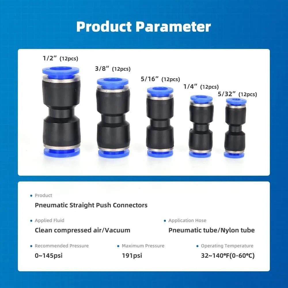 60-piece set of grey alloy plastic pneumatic push-in connectors with R1/4 and R1/2 threads.
