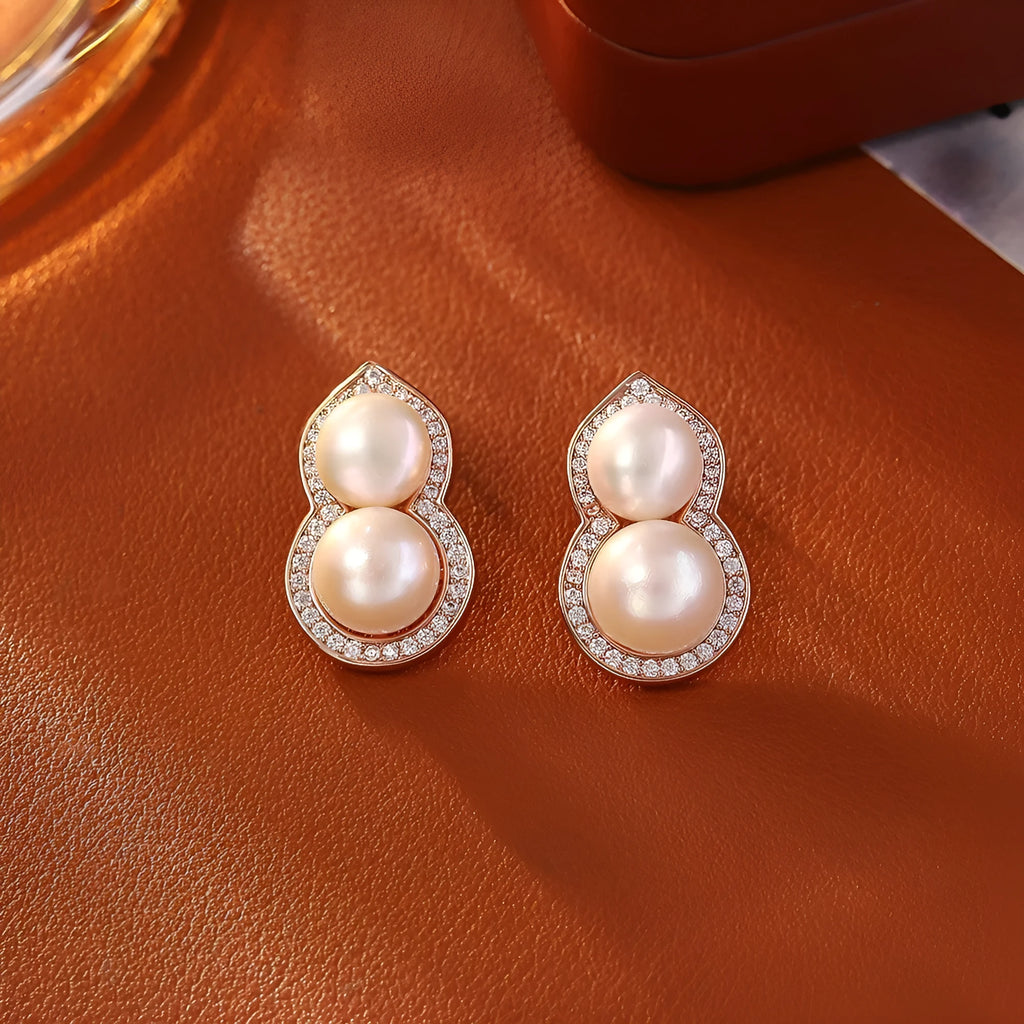 Freshwater pearl leaf stud earrings in rose gold, gold or silver with zircon inlay and copper base