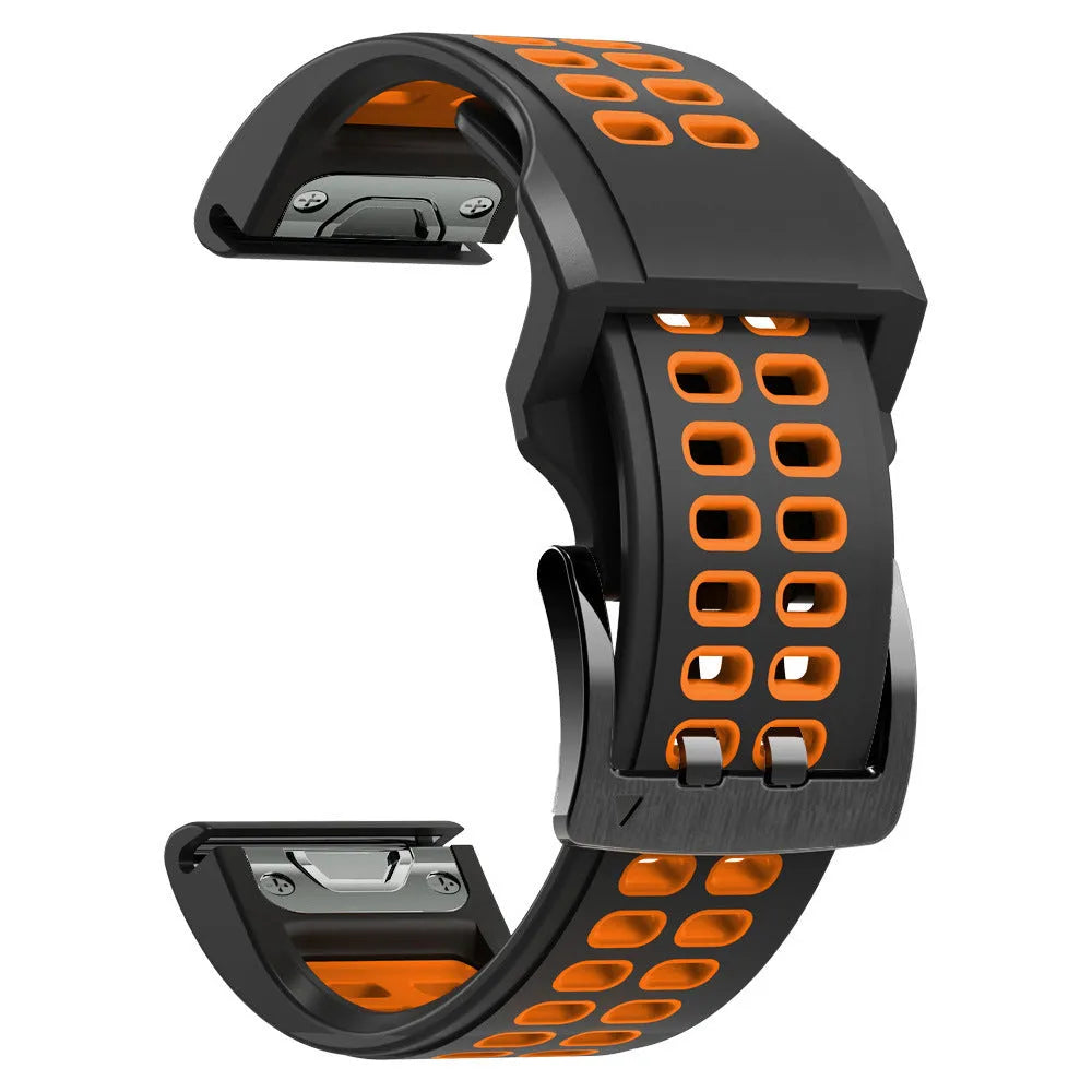 Two-tone silicone watch strap with quick release mechanism and ventilation holes in black and orange colour