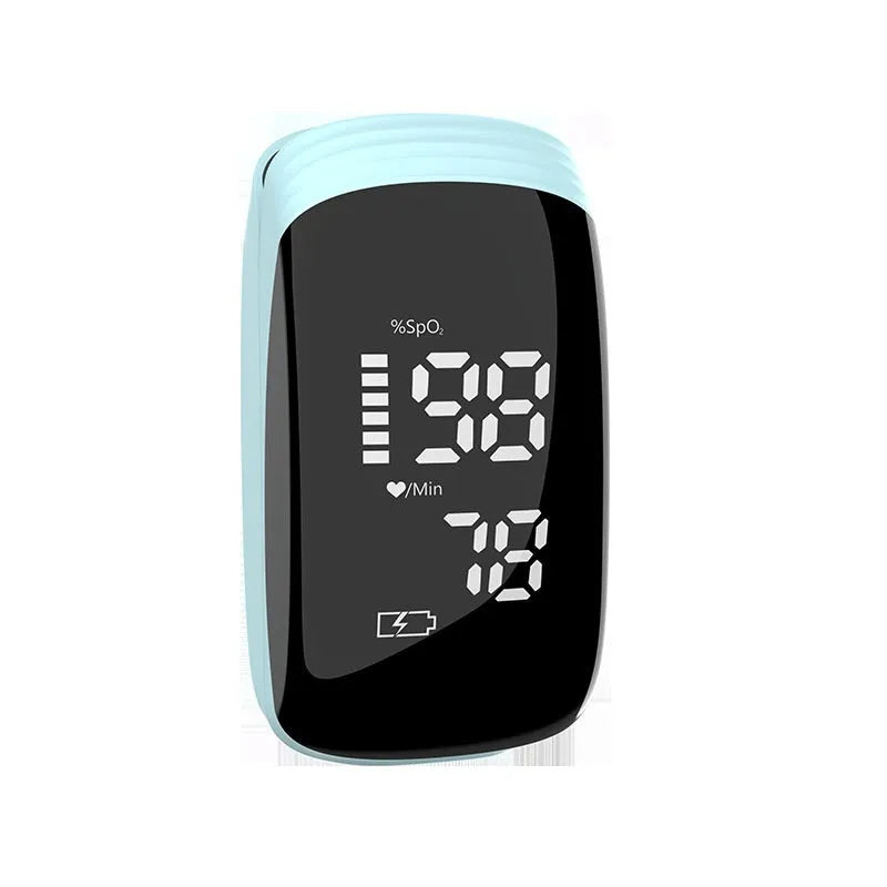 Rechargeable pulse finger clip oximeter with built-in battery in light blue, compact ABS design