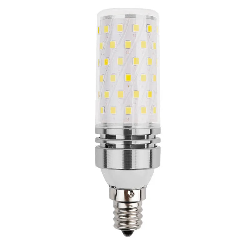 E14 12W LED corn light bulb showing 60 yellow LED beads on a clear background.