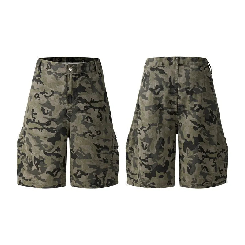 Retro-style workwear shorts with zipper and half elastic waistband in washed cotton fabric