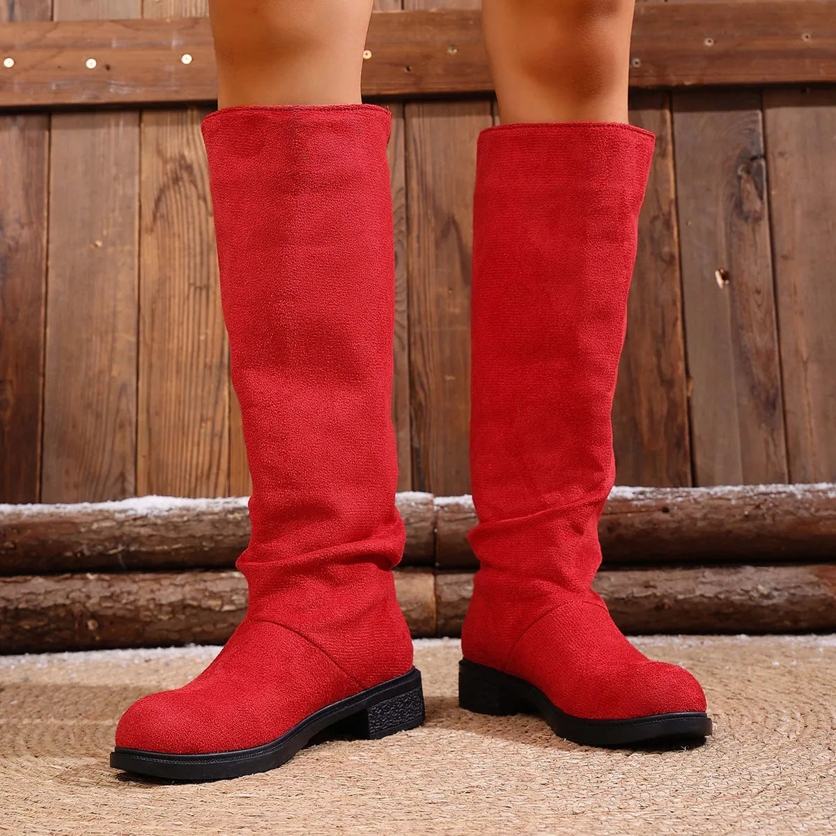 Cow suede chunky heel high leg boots below the knee in black solid colour with round toe and leather lining