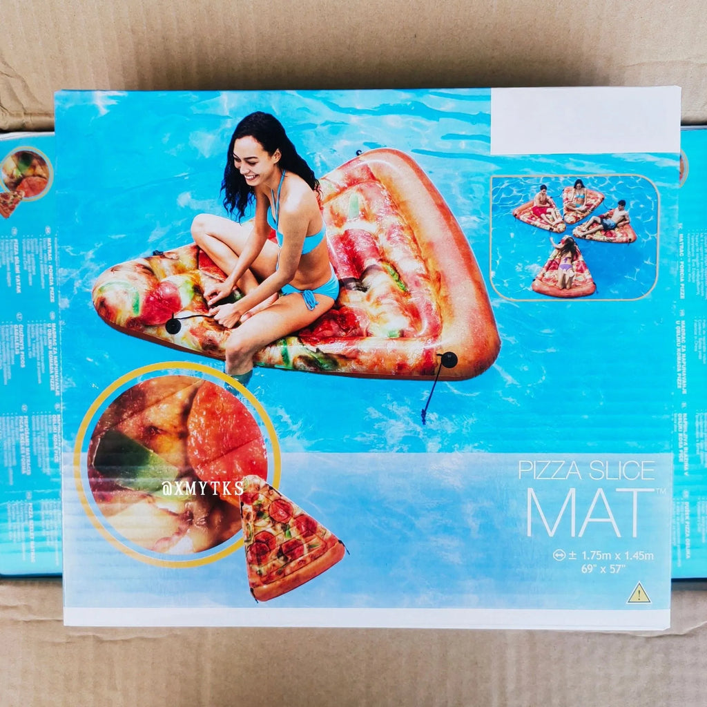 Large green pizza-shaped inflatable surfboard lounger floating on water