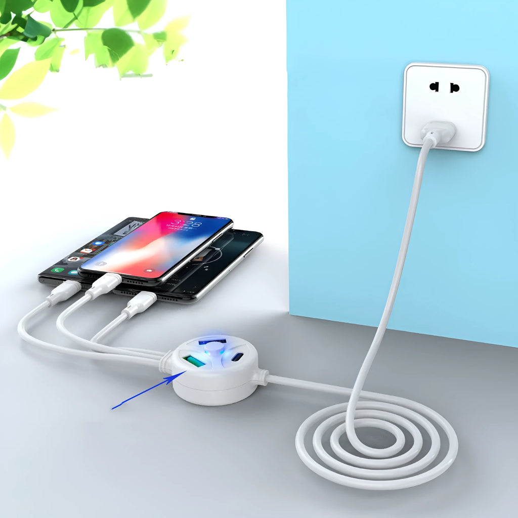PD PVC mobile phone charging cable with multiple USB connectors on a 1.2m cable