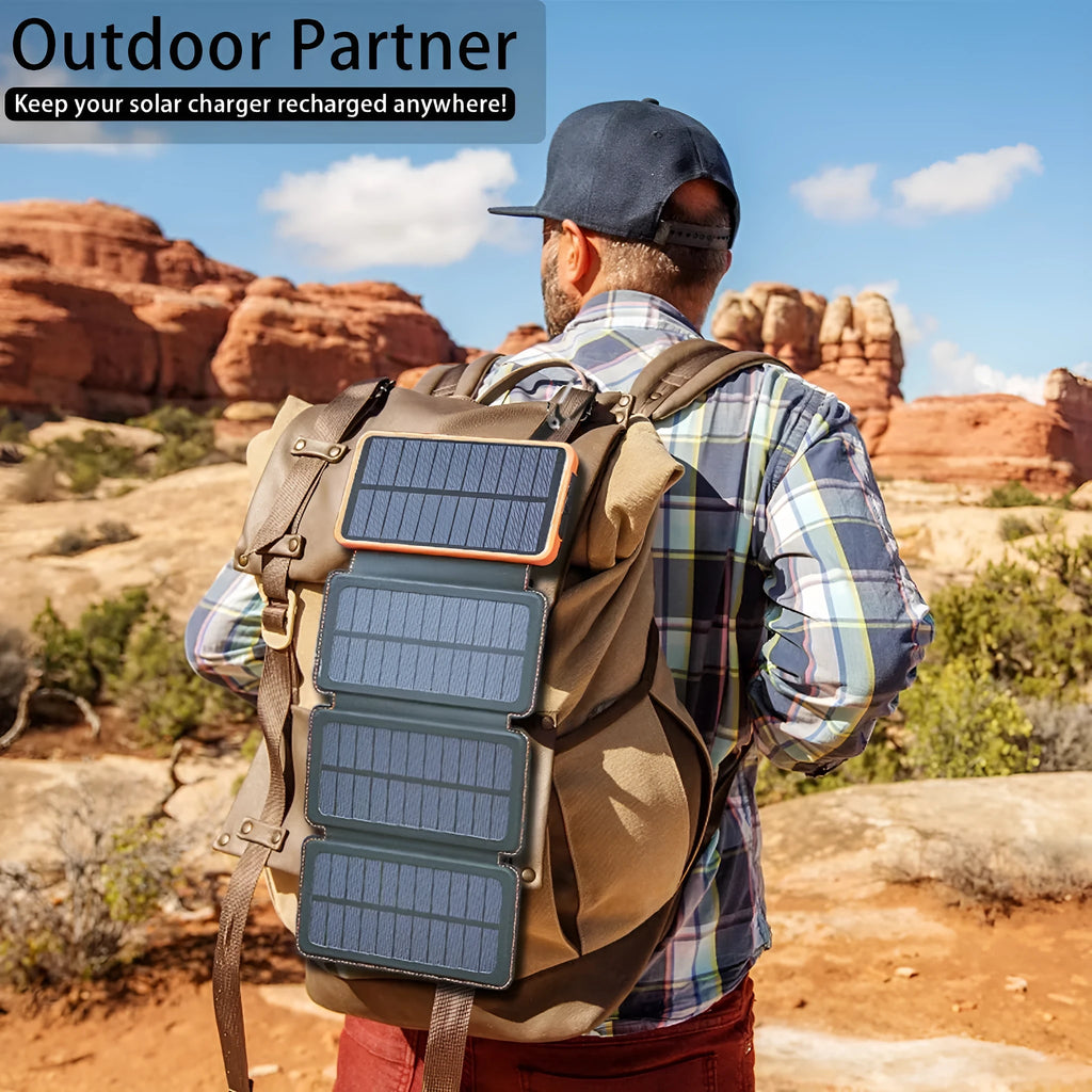 Outdoor solar power bank with soft leather wrap in multiple colours, showing solar panel and USB ports