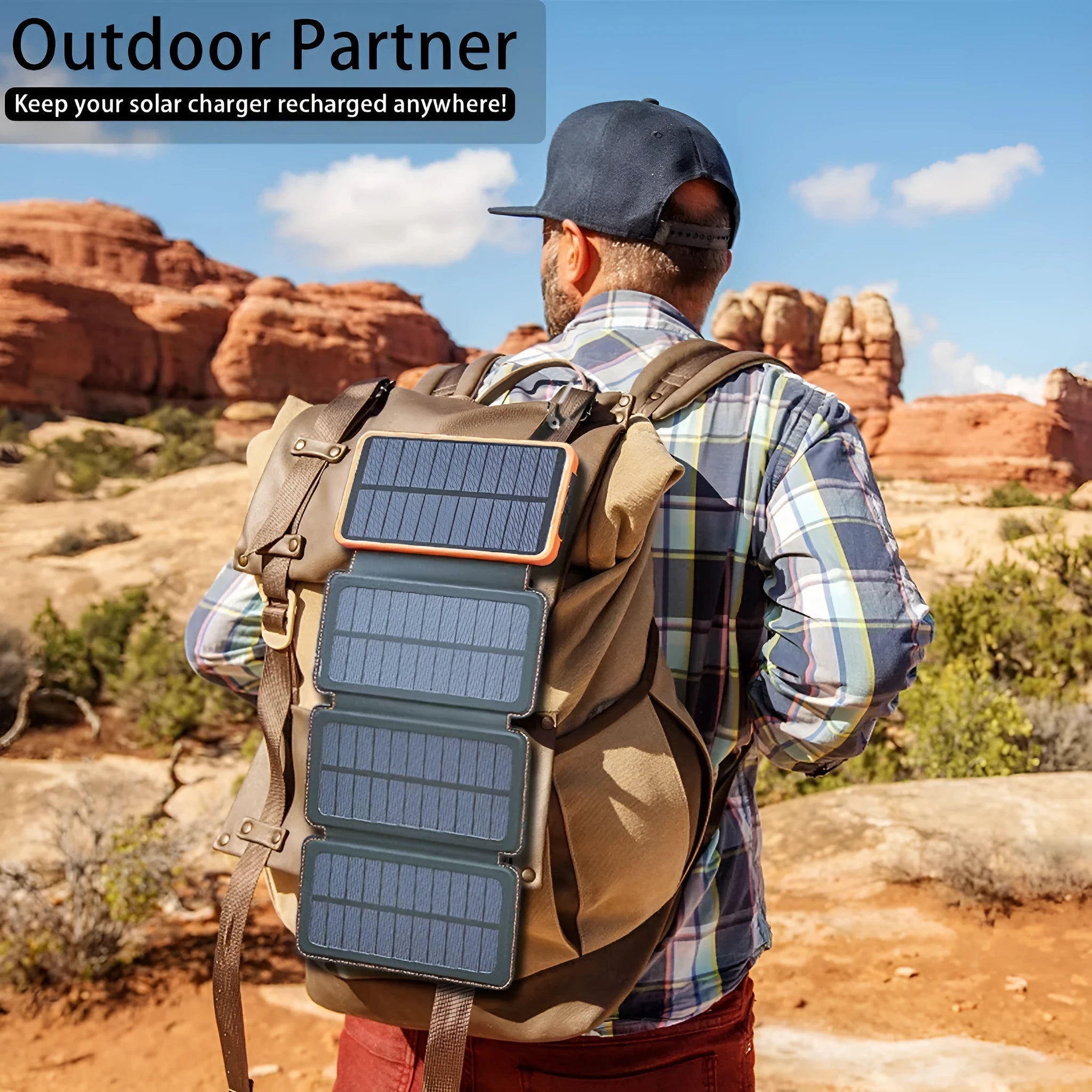 Outdoor solar power bank with soft leather wrap in multiple colours, showing solar panel and USB ports