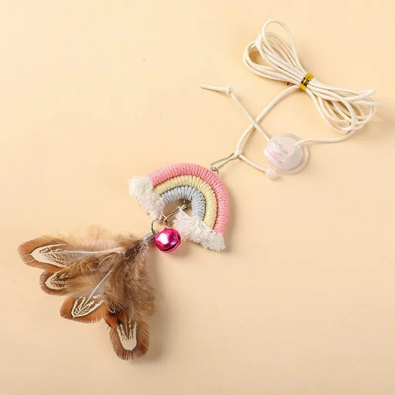 Feather cat rope door hanging toy with elastic swing and sticky buckle clamp in blue, green, or pink colours