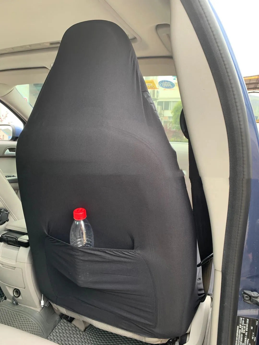 Black quilted PU car seat cover with plastic hooks for securing