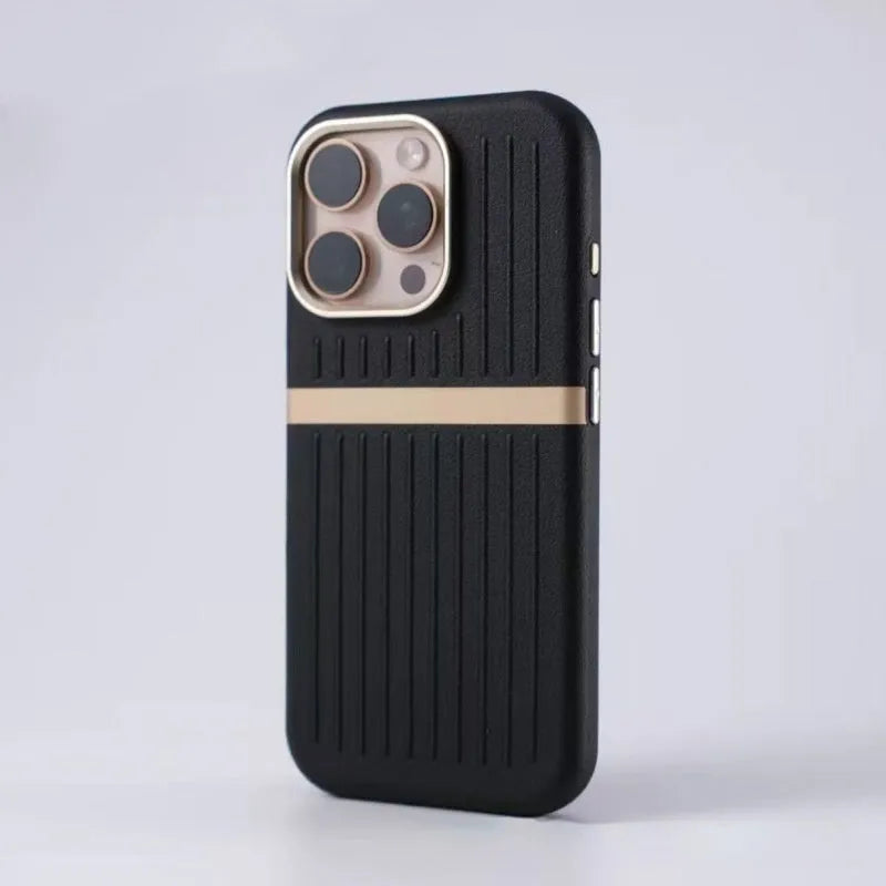 Corrugated magnetic phone case in black with frosted imitation leather finish for IPhone 15.