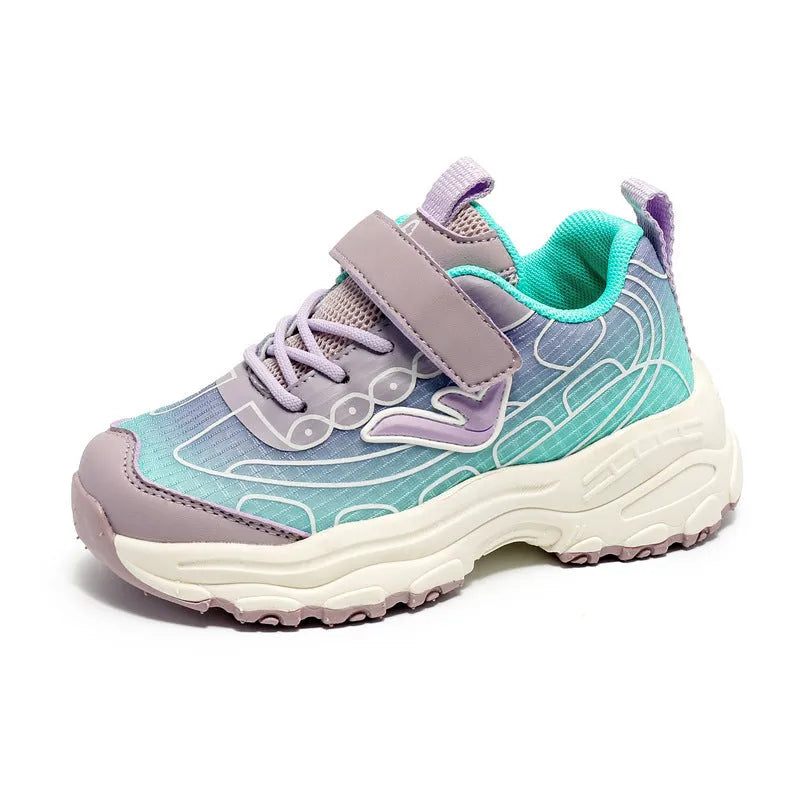 Children's black and purple striped casual dad shoes with mesh upper and rubber sole