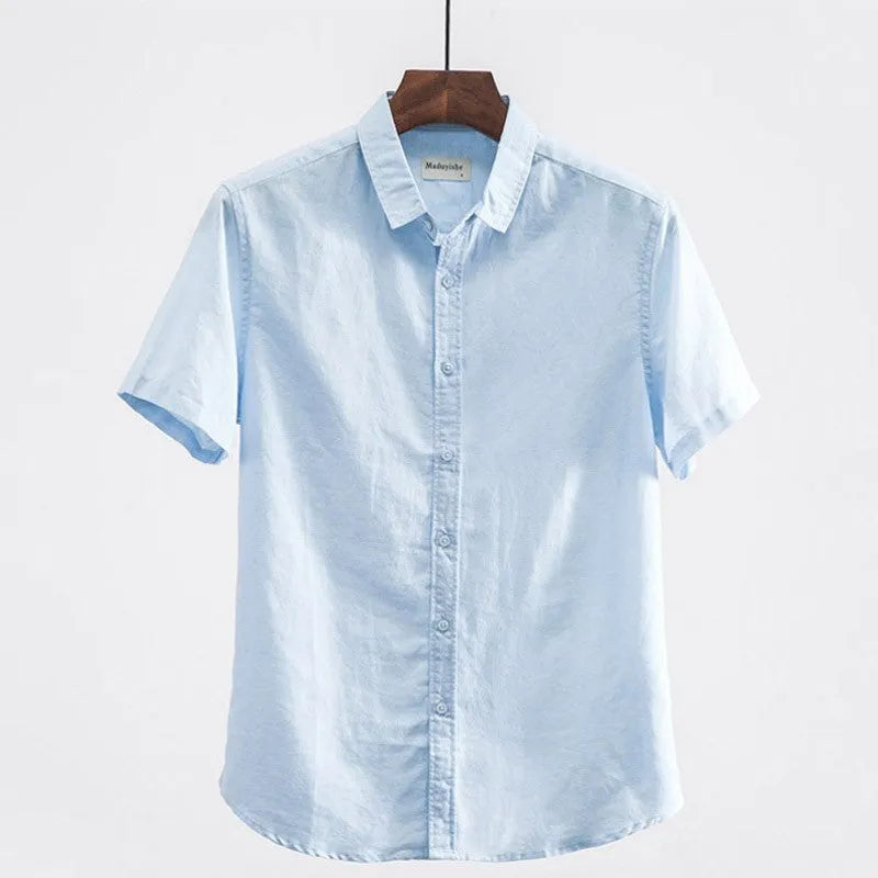 Men's square collar linen blend short sleeve shirt in loose cardigan style available in multiple colours
