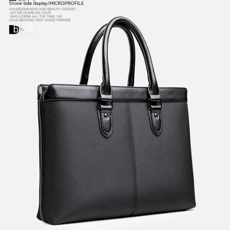 Men's PU briefcase file bag with Oxford fabric lining, thread-cut detail, in high-end black or blue