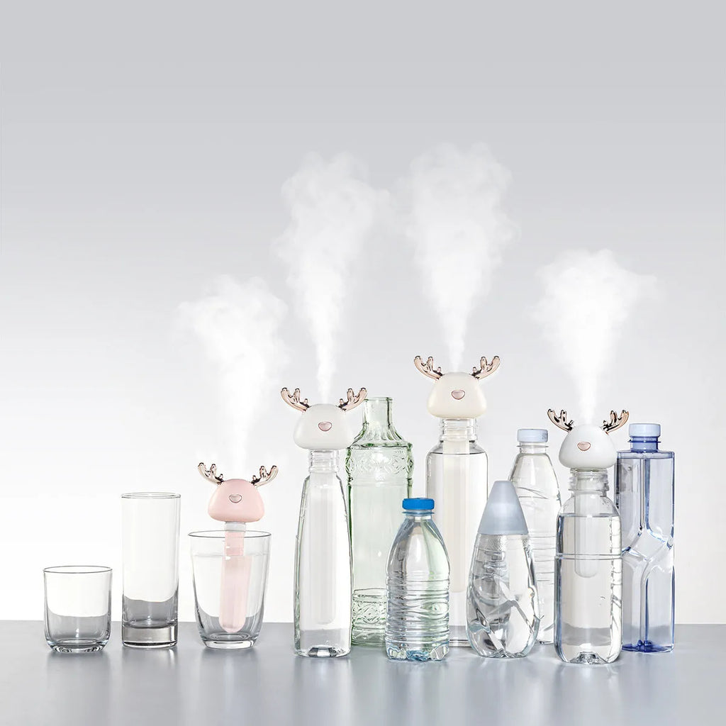 Mini USB ultrasonic humidifier, columnar deer antler design, 84x47x233mm, 1 litre tank, Fawn White