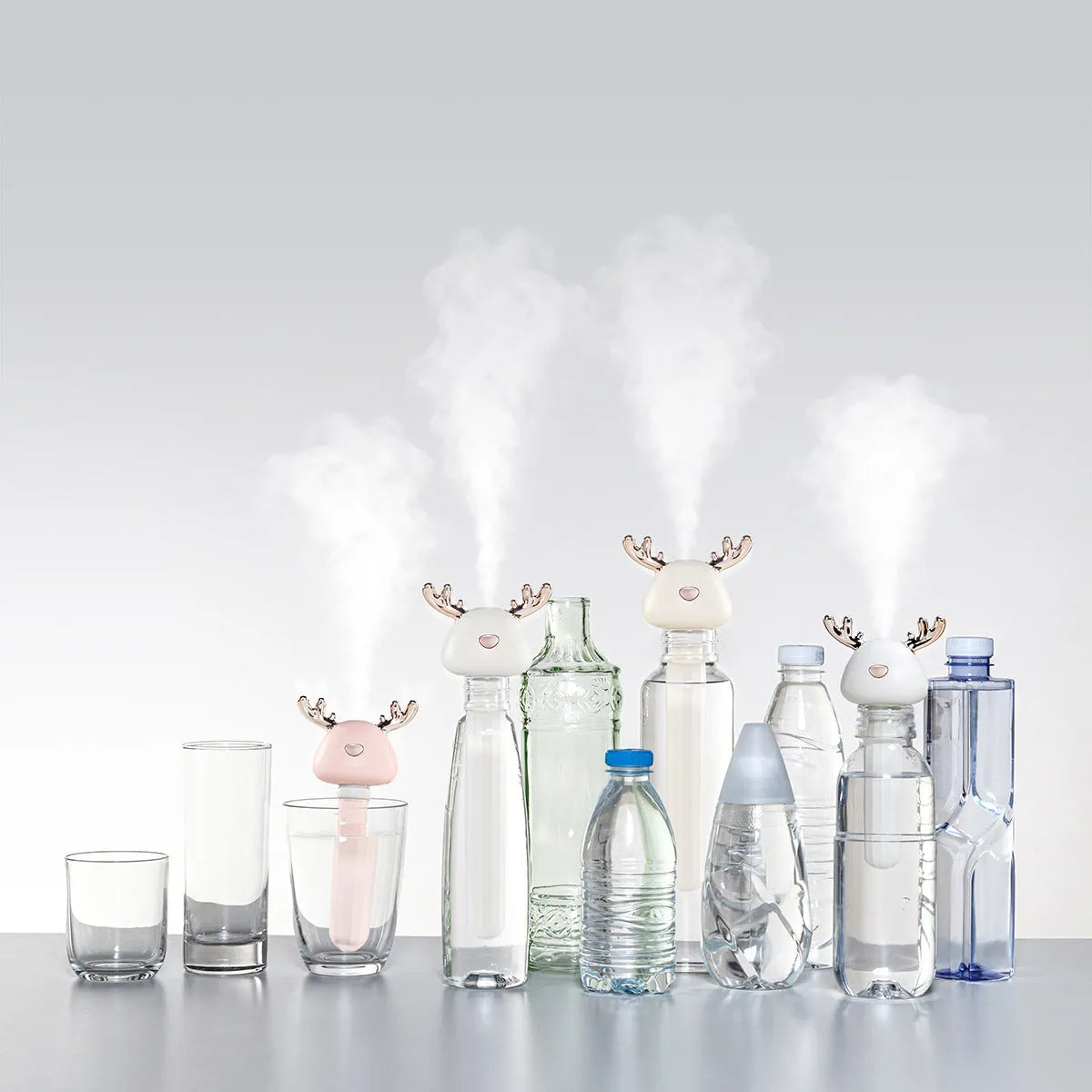Mini USB ultrasonic humidifier, columnar deer antler design, 84x47x233mm, 1 litre tank, Fawn White