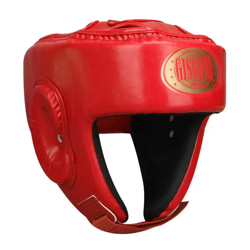 Red fully enclosed boxing helmet with jaw protection for combat training