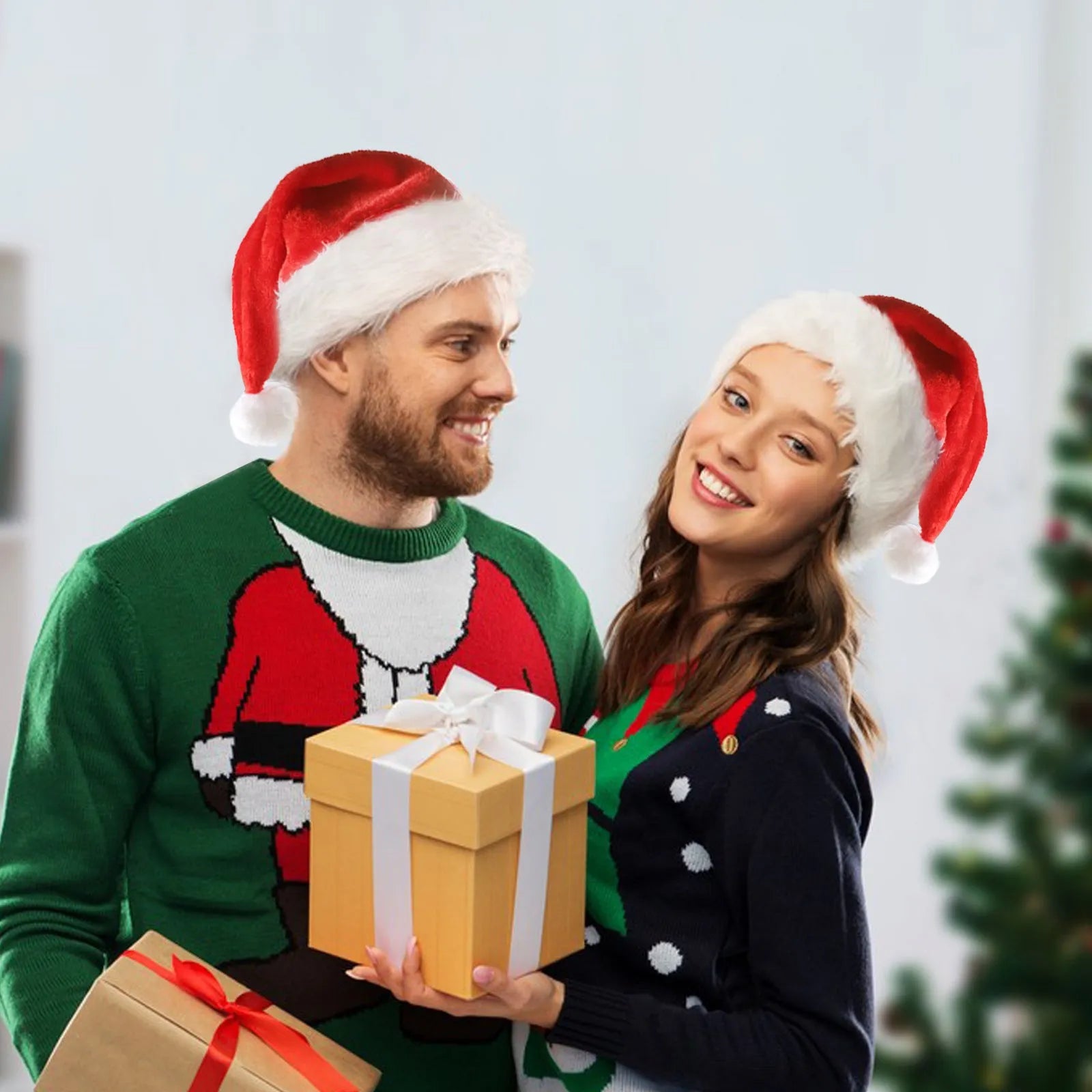 Red and white plush Santa Christmas hat with LED lights glowing, showing pom-pom and stretchy spandex material.