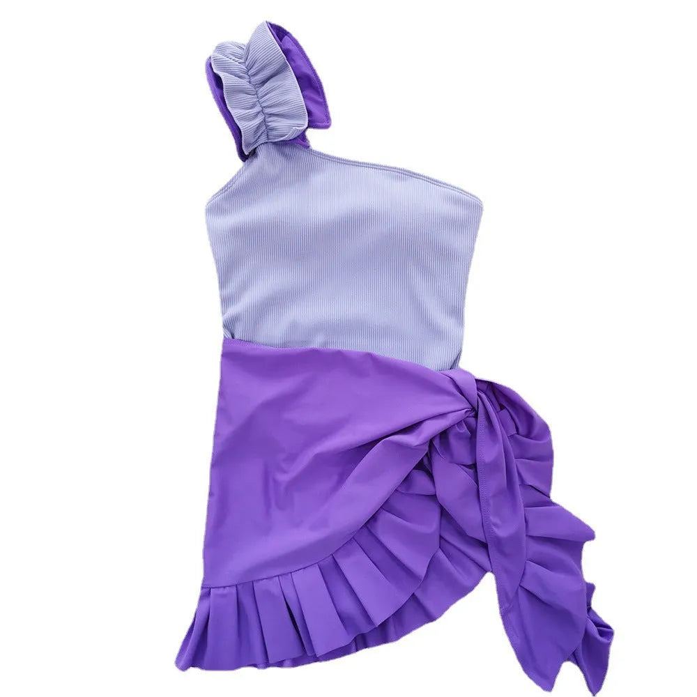 Women's single-shoulder suspender tube top one-piece swimsuit with high waist in solid colour.