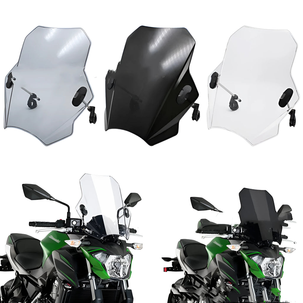 Universal motorcycle windshield deflector screen in ABS plastic for 22mm to 25mm handlebars, Smoke Grey Light Grey or Clear