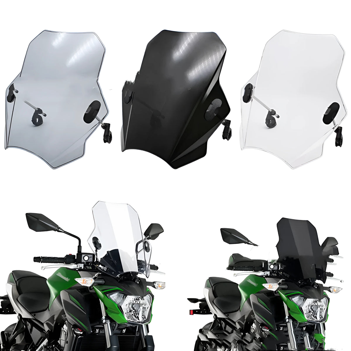 Universal motorcycle windshield deflector screen in ABS plastic for 22mm to 25mm handlebars, Smoke Grey Light Grey or Clear