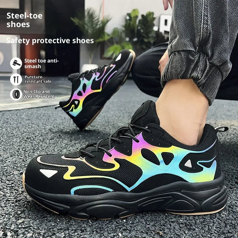 Steel head non-slip mesh breathable low top safety shoes front lace-up men's casual footwear