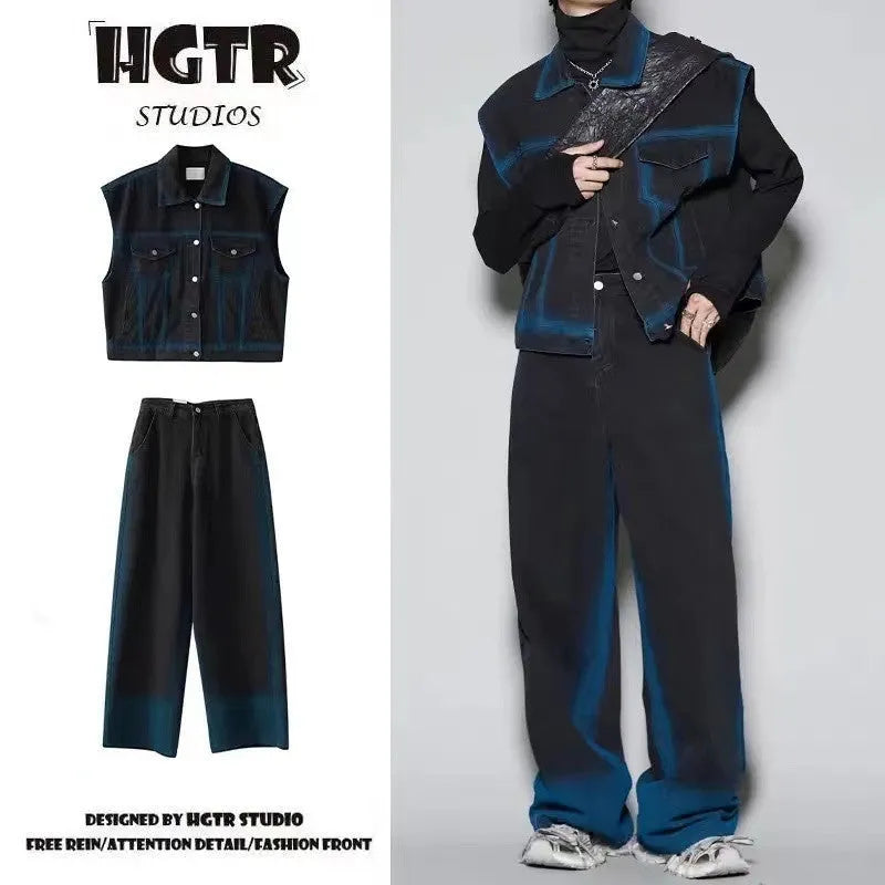 Distressed denim vest and jeans set with spray colour gradient finish and fleece lining