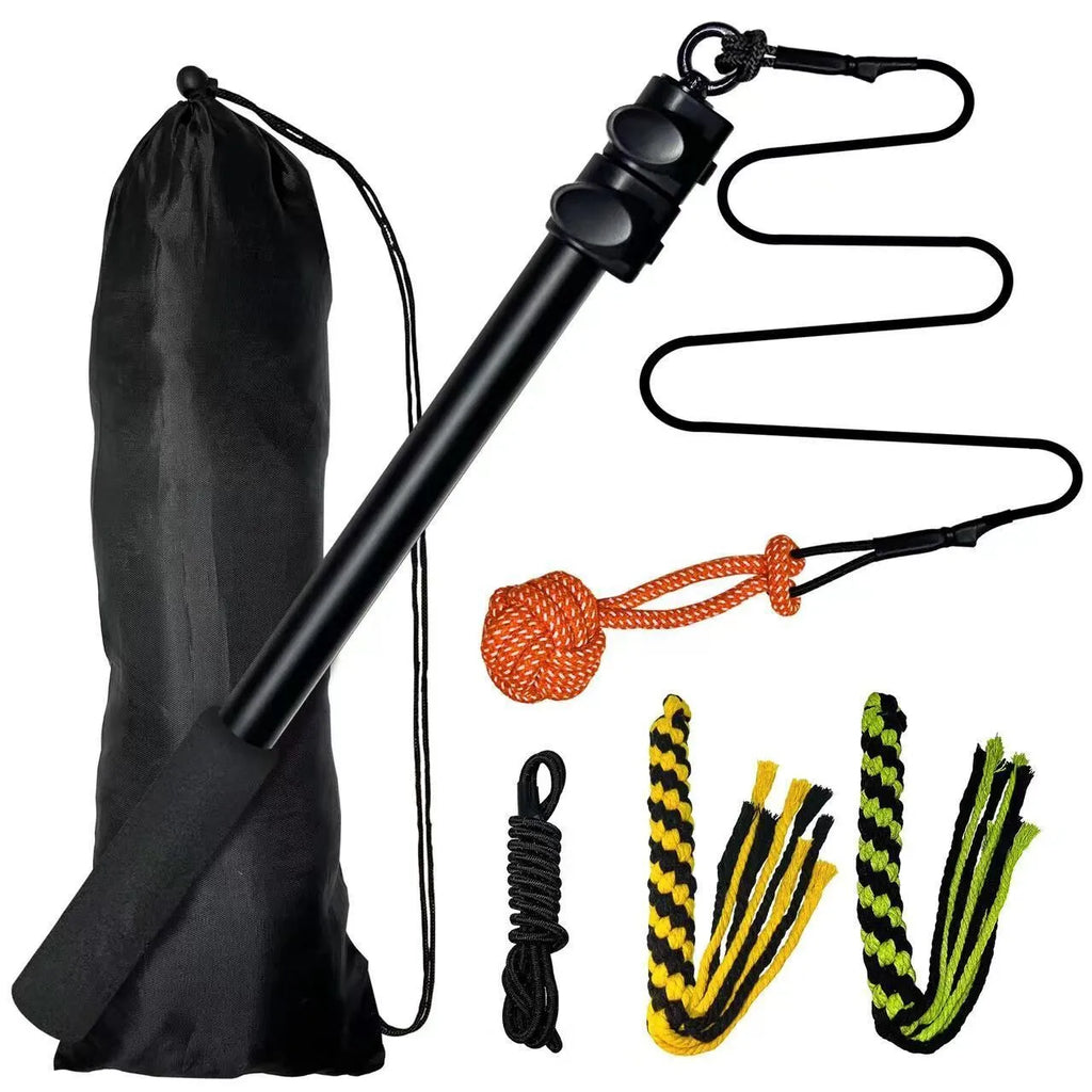 102cm black three-section aluminium alloy telescopic dog teasing rod with two bite ropes and one ball on a white background
