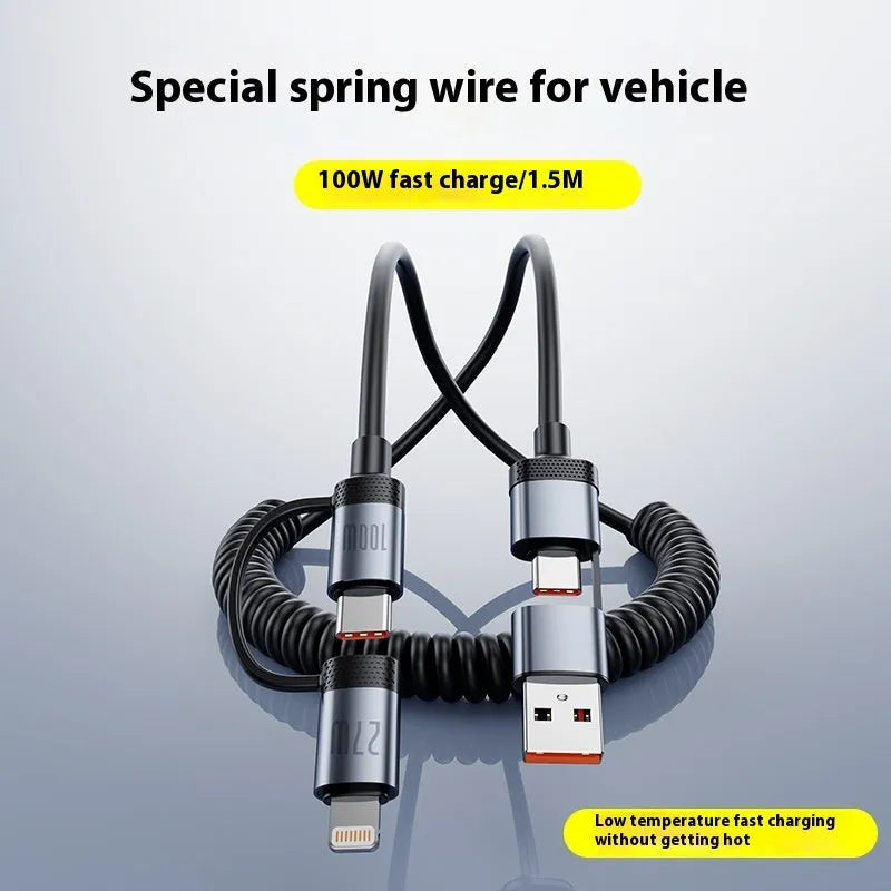 Two Fast Charge car spring wire data cable in black with Lightning and Type-C connectors, 1.5m length, TPU material