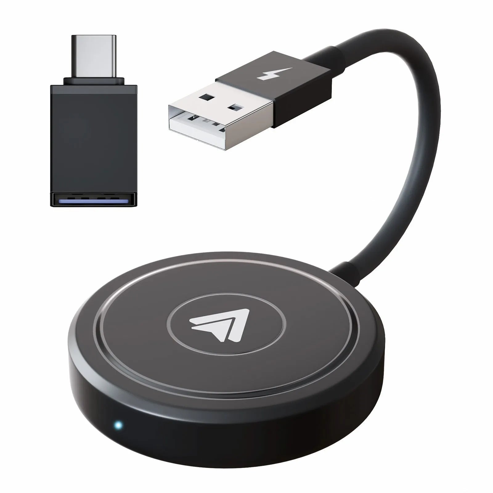 Car wired to wireless Android adapter in black and white colour variants for connecting phones to factory CARPLAY systems.