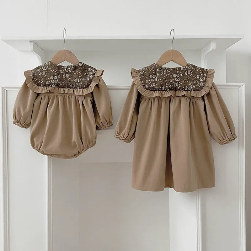 Long sleeve cotton romper dress with floral collar and butt wrap buttons for toddler girls