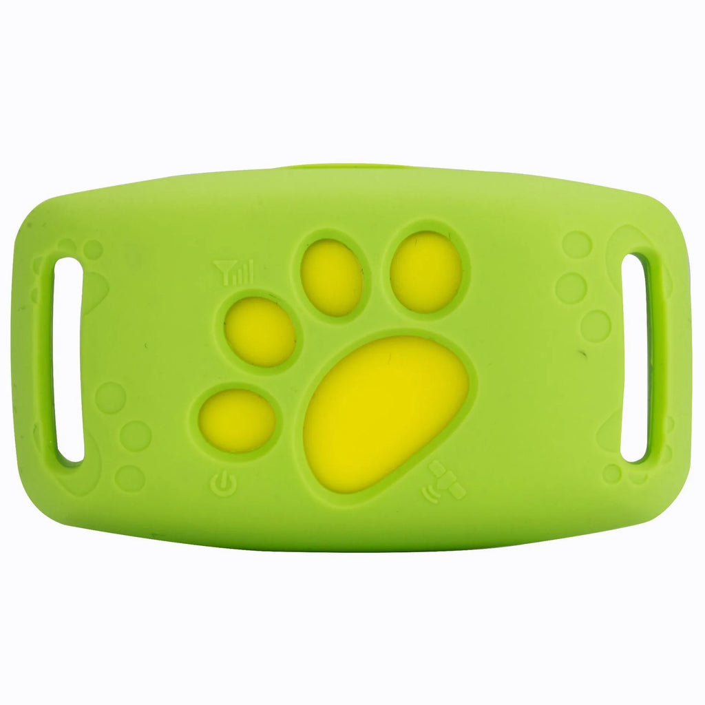 Waterproof GPS pet tracker device in black with yellow accents showing compact 65.5 x 37 x 18.3 mm dimensions